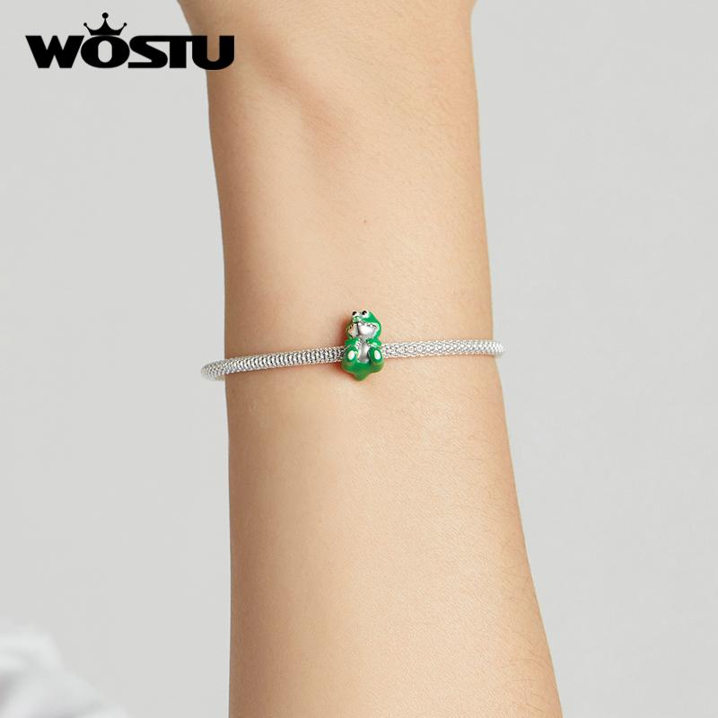 WOSTU 925 Sterling Silber Niedlicher grüner Krokodilanhänger mit großen Augen Passend für Original-Armband und Halskette DIY Schmuck