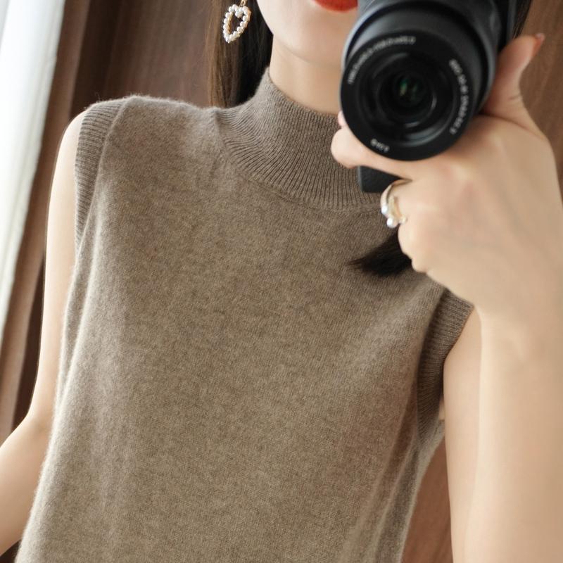 Frauen Tank MODERNE NEUE SAGA Sommer Gestrickte T-shirt Ärmellose Basic Tees Stricken Top Rollkragen Weibliche