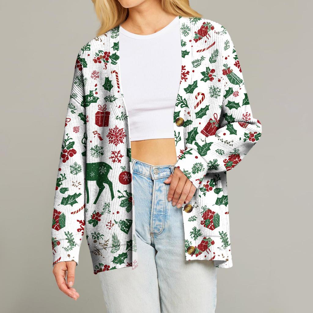 Women's Fashion Long Sleeve Print V-Neck Button Loose Cardigan Top