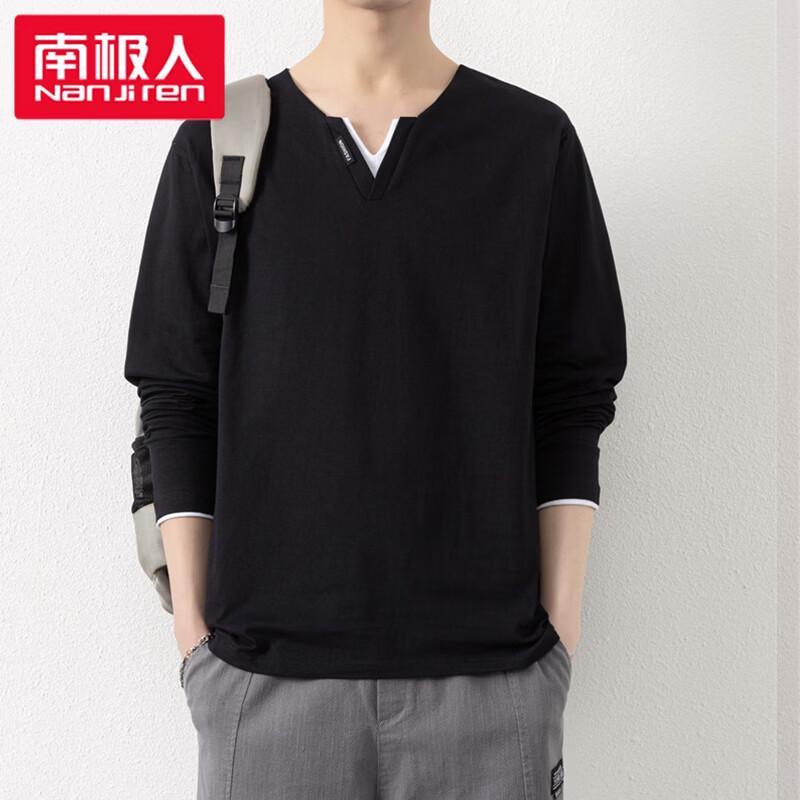 Nanjiren Men's Faux Two-Piece V-Neck Long Sleeve T-Shirt