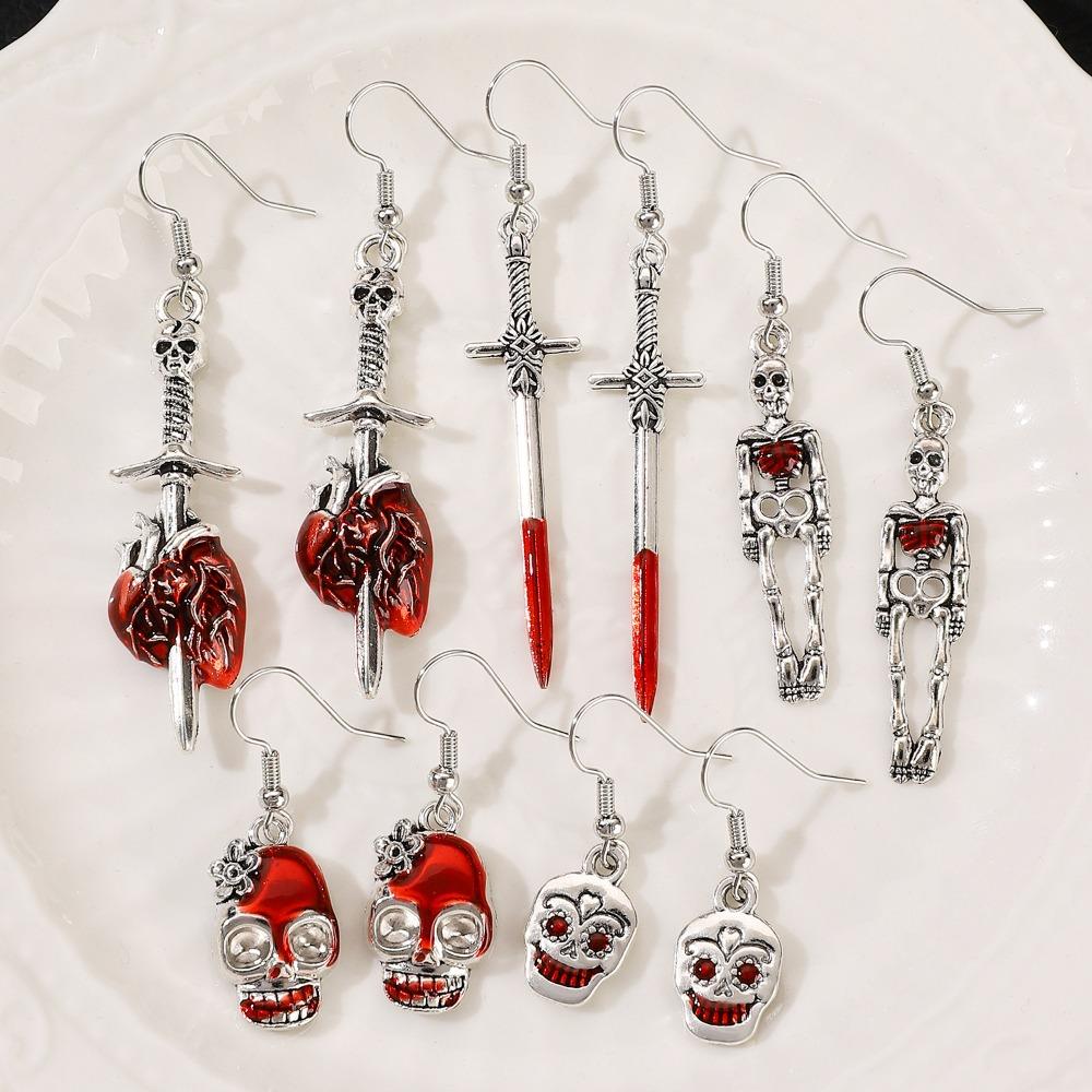 Retro Exaggeration Blood Heart Sword Terror Skeleton Dangle Earrings for Women Men Hallowmas Party Gothic Jewelry Accessory Gift