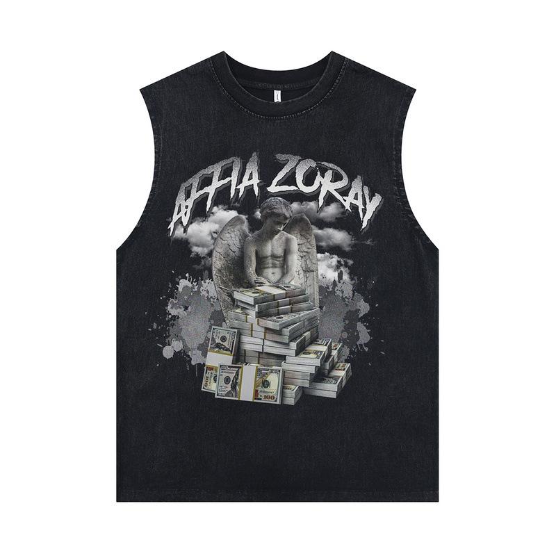 European And American High Street Printed Vest Washed Retro Oversize Casual Sleeveless T-Shirt For Men And Women