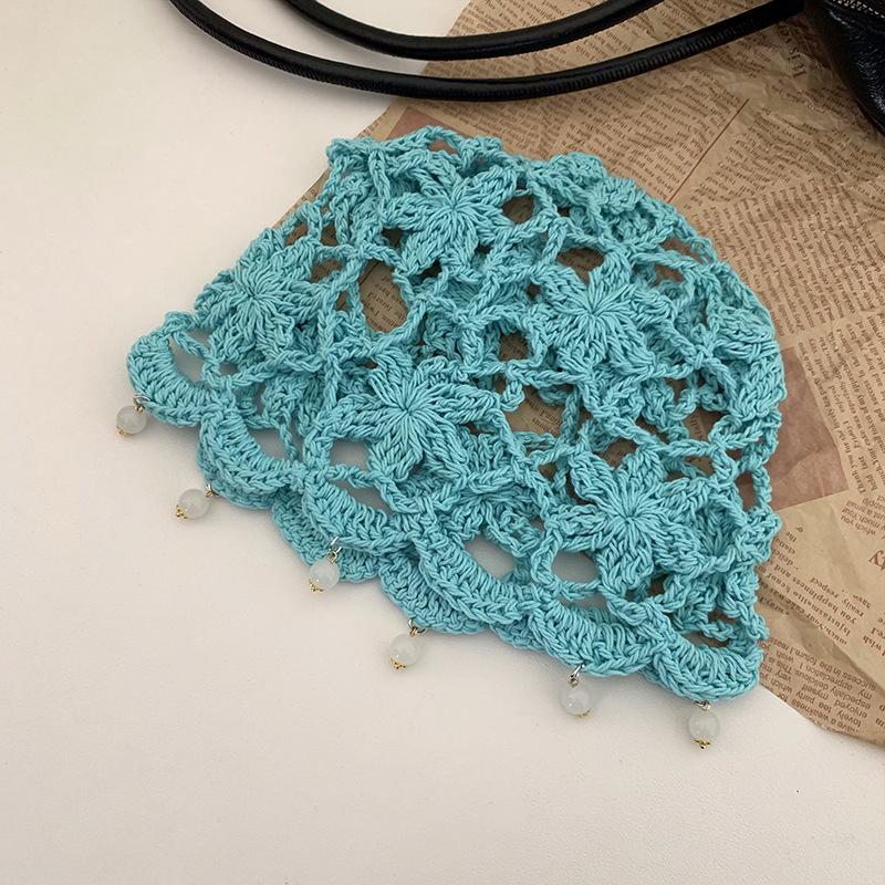 Women's Spring and Summer New Hand Woven Hollowed Head Hat Breathable Hook Flower Pearl Pendant Small Pull Head Hat