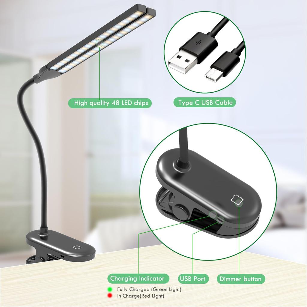 Clip-on LED Desk Lamp, Reading Lamp, Table Lamp - Deaunbr USB Rechargeable 48 LEDs, Eye-Friendly, Cordless, Bright, 3-Color Temperature Adjustment,