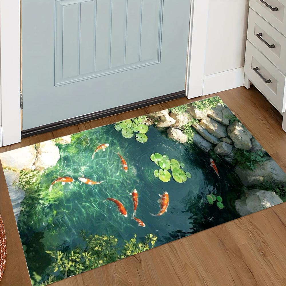 Lebhaftes Koi-Fischteich-Muster Fußmatte Realistischer Koi-Karpfen mit Lotusblättern Felsgarten-Design Fußmatte für Heim-Eingangsdekor