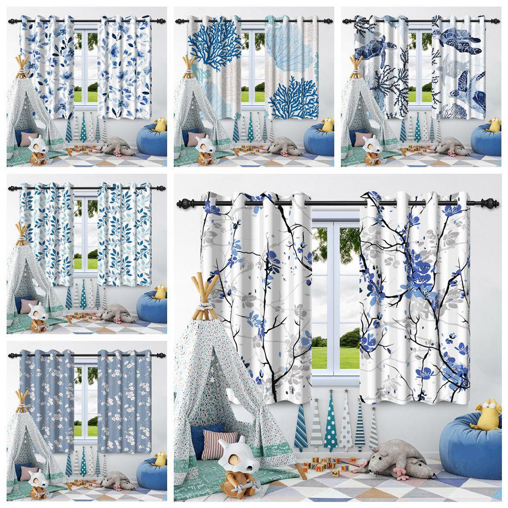 2pcs Plants Leaf Flowers Blue Blackout Curtains Home Bedroom Living Room Darkening Apartment Decoration Grommet Window Drapes