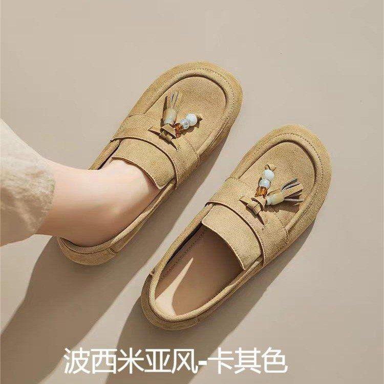 [Youshilai] Retro Tassel Loafers Women's 2025 Autumn New One-pedal Flat Beanie Shoes Kangaroo Shoes