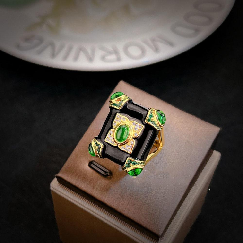 Wosikate Women'S Ring Vintage Emerald Glazed Black Onyx 18K Gold Plated Elegant Ladies Ring Wedding Jewelry Anniversary Gifts