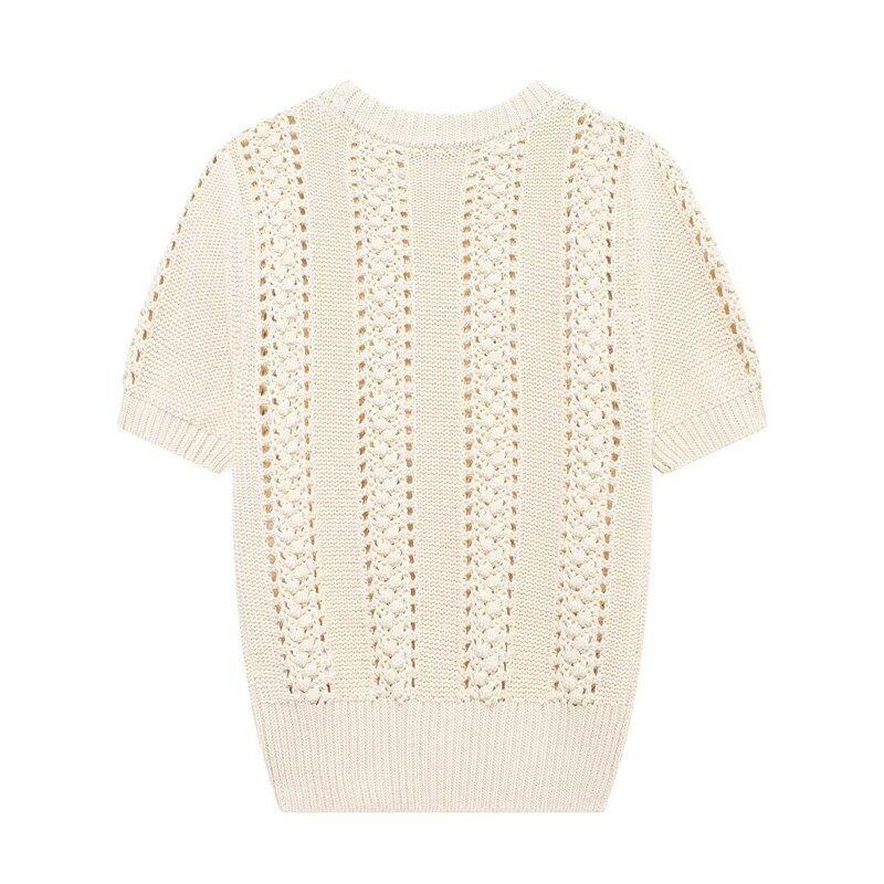 Fashion Style 2024 Autumn New Women's Clothing Commuter's All-Matching Short Sleeve Round Neck Cut Out Knitwear 2142125