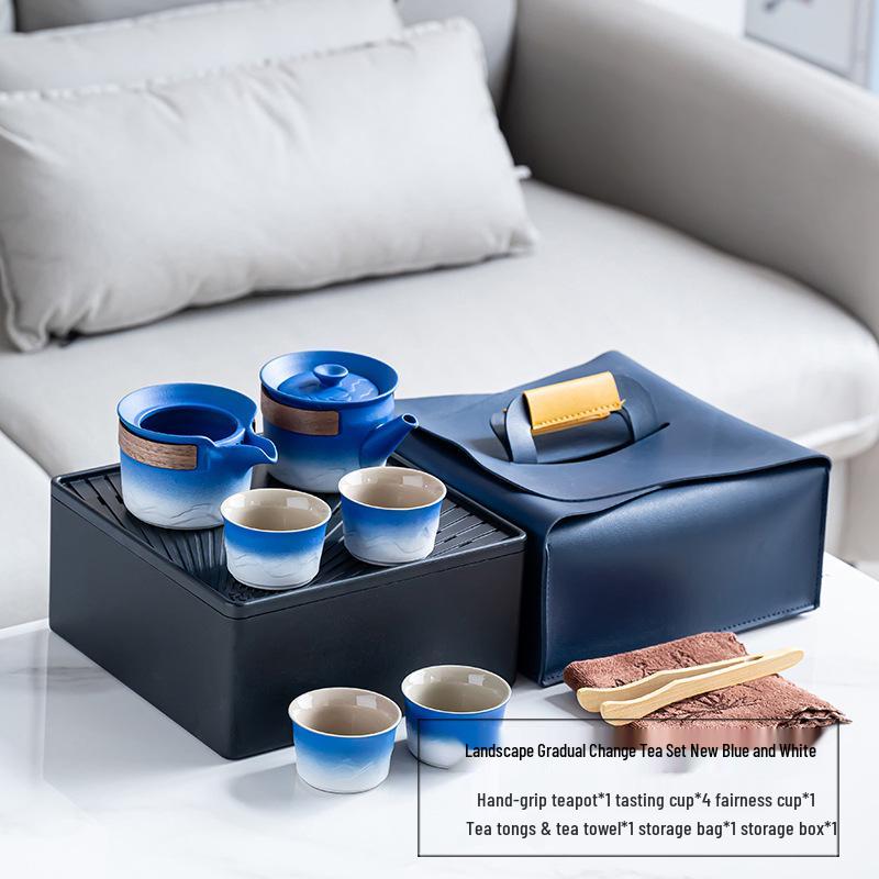 Elegant Portable Ceramic Tea Set with Wooden Tray: 1 Teapot & 4 Cups for Outdoor Adventures
