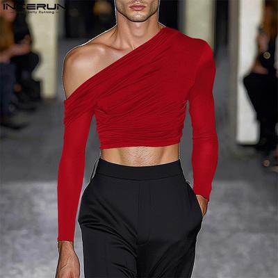 Herren One-Shoulder Langarm Unregelmäßige Tops Tailliertes Unterhemd mit Rüschen
