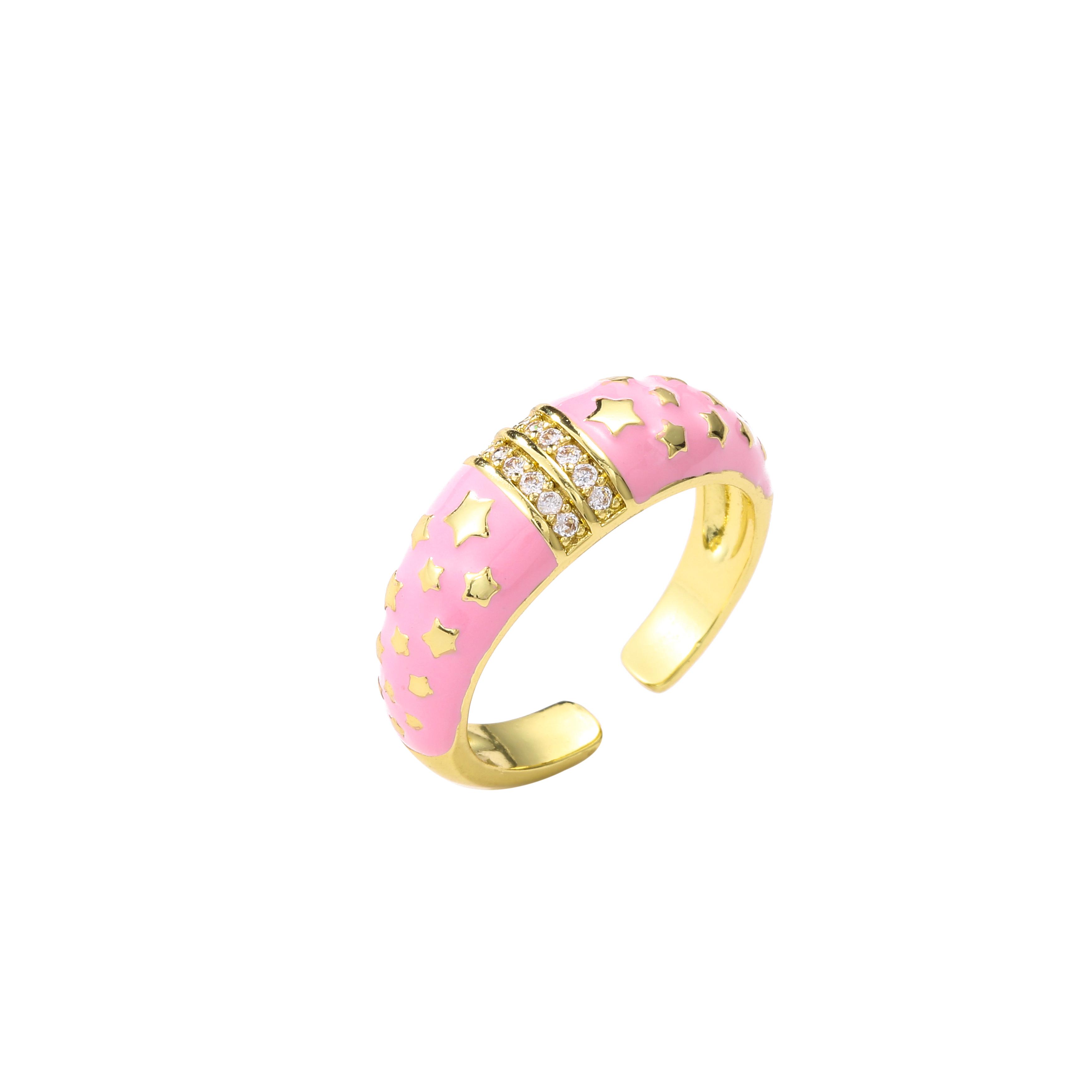 

HECHENG,Fashion Colorful Enamel Ring, Women s Star Golden Ring, Retro Bohemian Style Zircon Gift resizable розовый