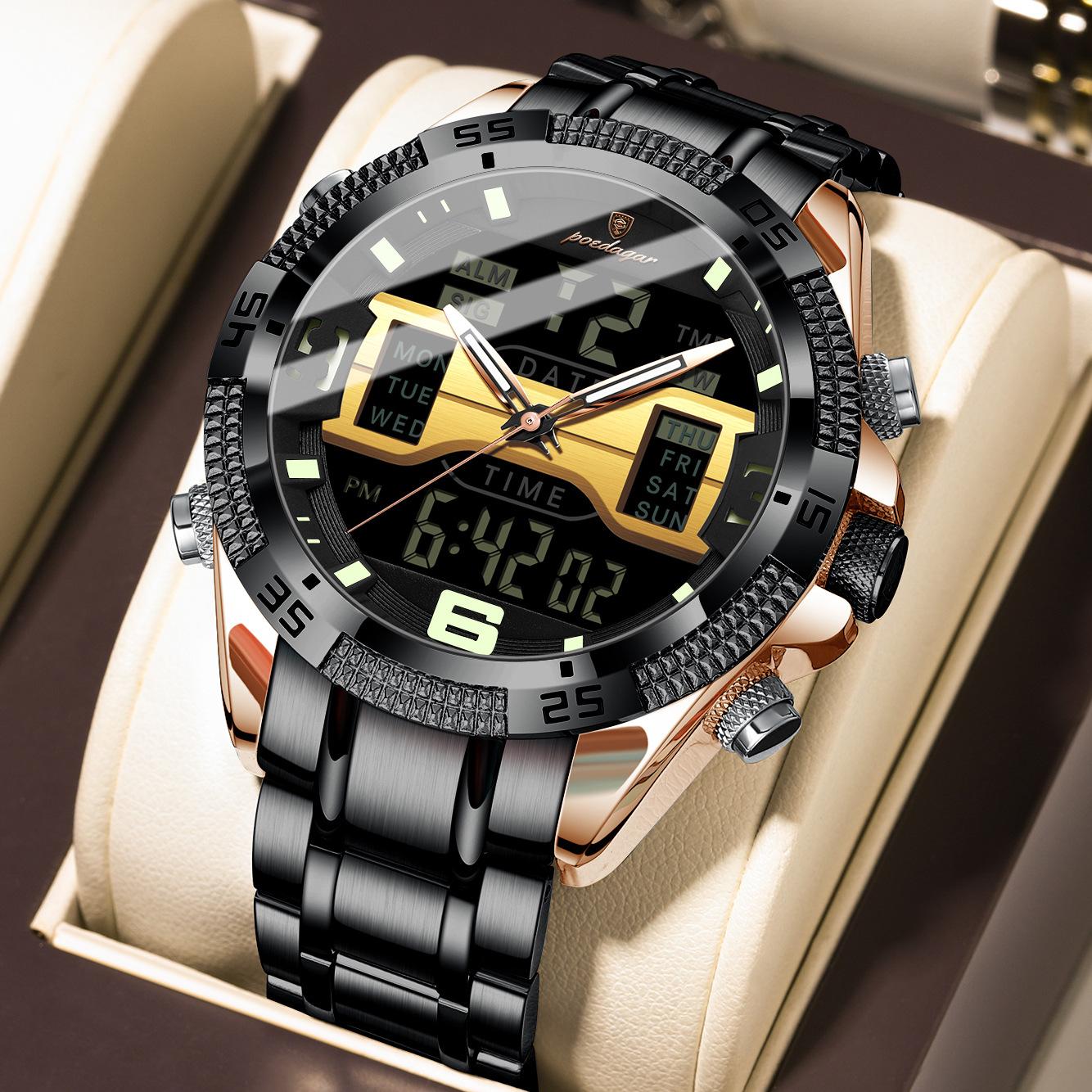 

Роскошные мужские часы Модные деловые светящиеся кварцевые часы Водонепроницаемые с двойным дисплеем Мужские часы из нержавеющей стали Часы-хронограф розового золота