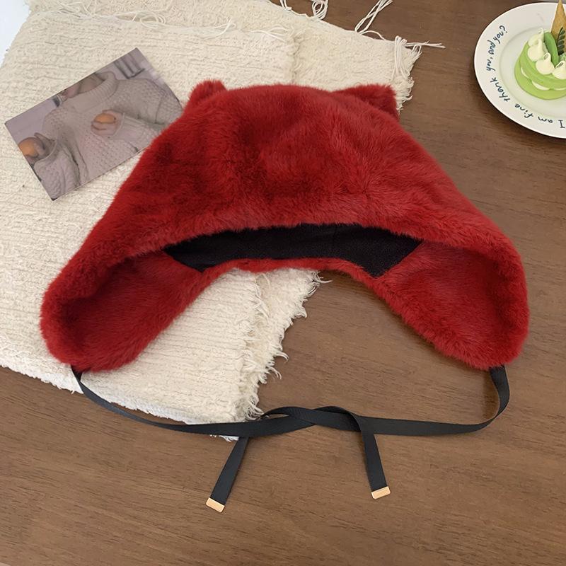 Cute Cat Ears Plush Hat for Women In Autumn and Winter White Thickened Cold Proof and Warm Big Head Circumference Ear Protecting Lei Feng Hat