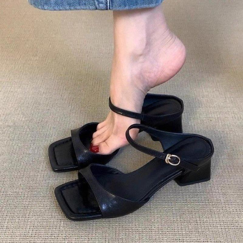 Fashion Women's Block Heel Cool Mopping Summer New Square Toe Open Toe Metal Slip Strap Non-slip Kitten Heel Shoes