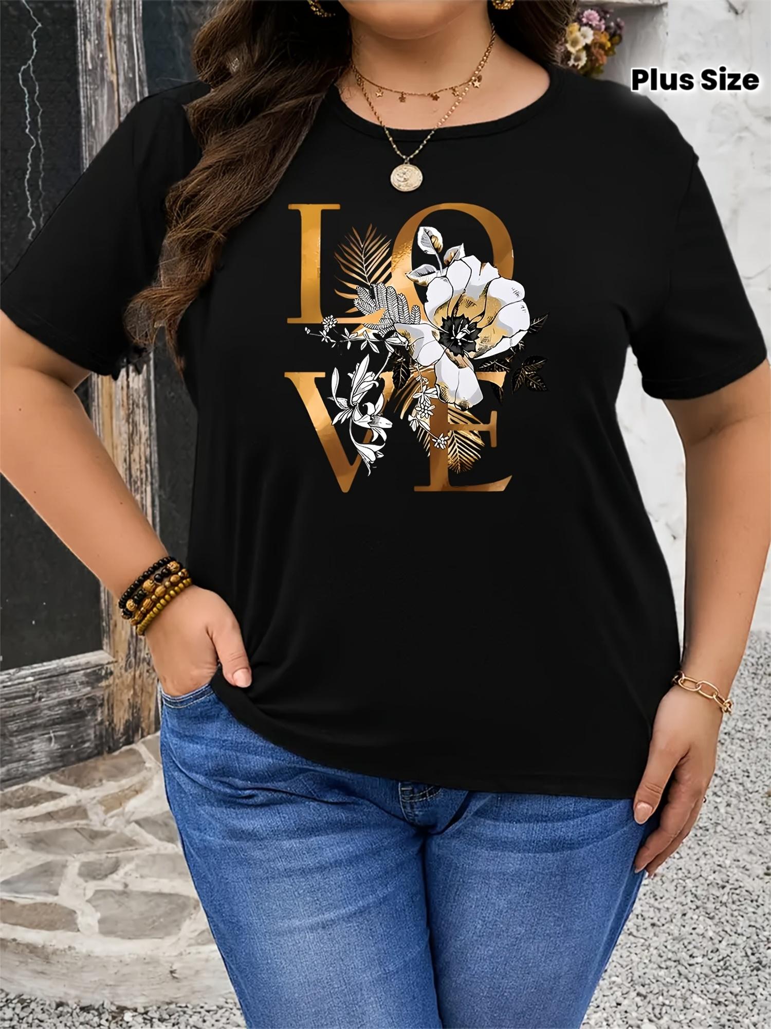 

Plus Size, Love Flower Leaf Print Women s T-Shirt S разноцветный