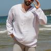 Men's Solid Color Long Sleeved Lazy Style V-neck Beach Cotton Linen Shirt