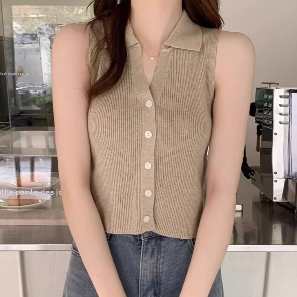 Lapel Ice Silk Slim Fit Vest for Women Summer Early Fall Thin Knit Tank Top Sleeveless Short Sleeve Casual Layering Outwear