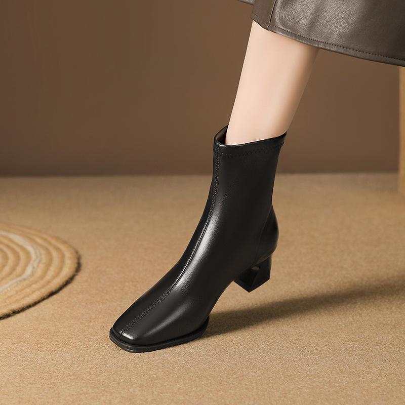 French thick heel short boots women's autumn and winter new commuting zipper elastic square head fashionable versatile medium tube thin boots