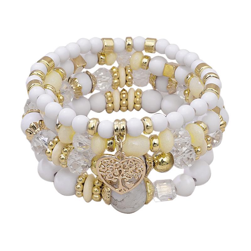 Bohemian Ethnic 4-Piece Bracelet Set: Multi-Layer Stackable with Peach Heart Tree Pendant & Acrylic Beads.