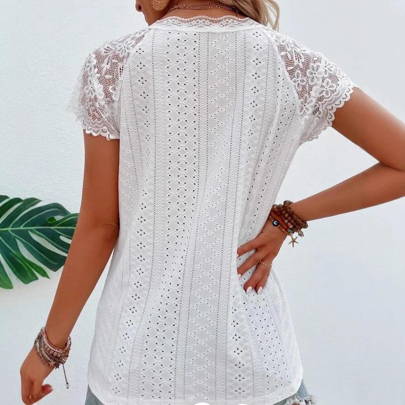 Fashionable Solid Color Hollow Lace V-neck Casual Shoulder Wiping Short Sleeved Women’s Blouses & Shirts