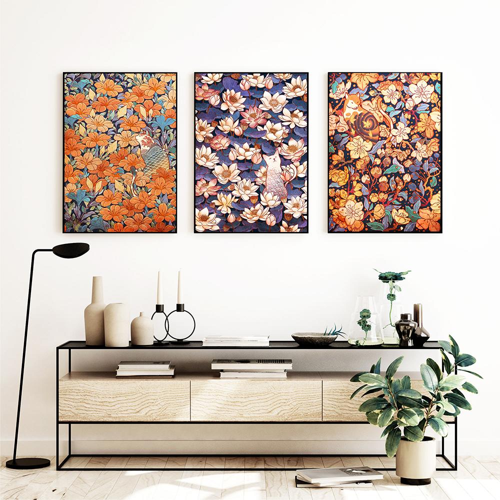 Vintage Cat Cartoon Animal Flower Plant Nordic Poster Wall Art Canvas Painting Wall Pictures For Living Room Home Decor Unframed