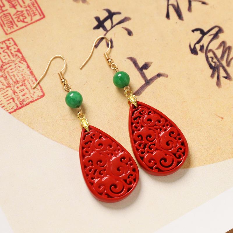 Red cinnabar water drop earrings retro temperament niche design earrings antique cheongsam earrings women