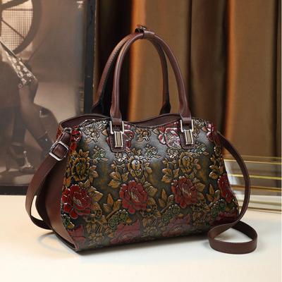 European and American Retro Flower Pattern Mature Women's Handbag Luxury PU Leather Tote Bag Commuter Bag