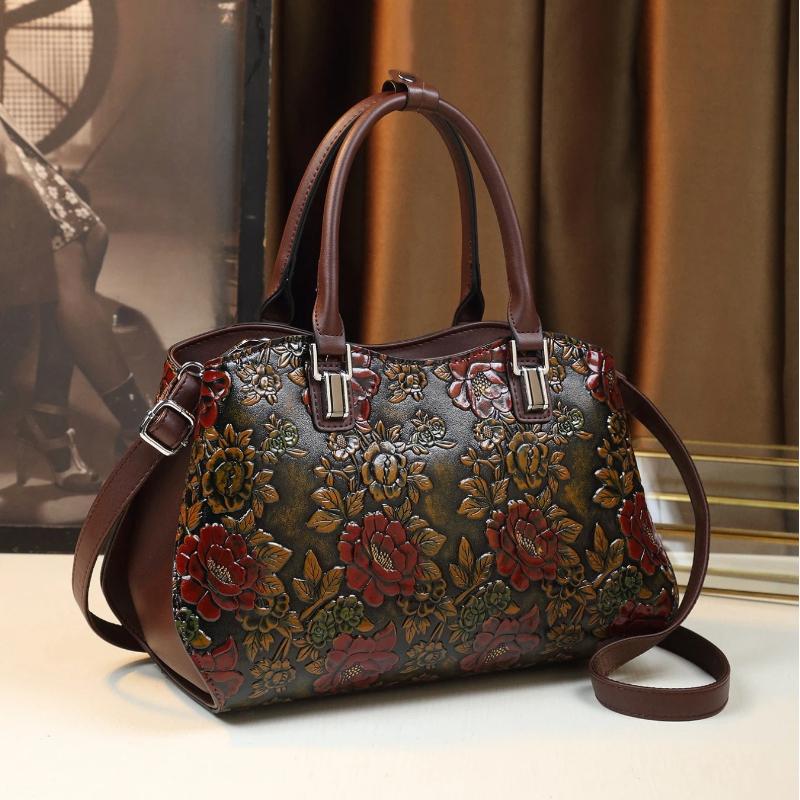 European and American Retro Flower Pattern Mature Women's Handbag Luxury PU Leather Tote Bag Commuter Bag