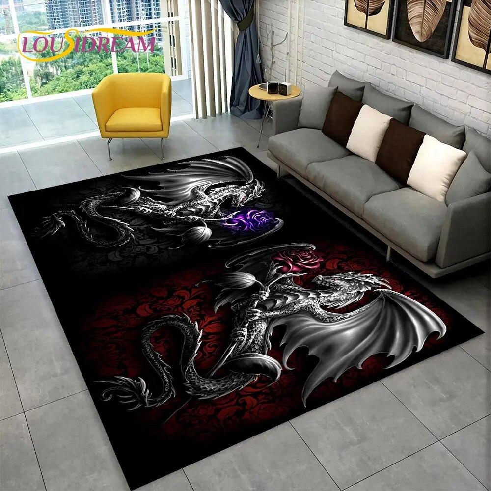 Kreslený Vzor Draka Velký Oblastní Koberec, Koberec pro Obývací Pokoj Ložnici Pohovku Rohožka Kuchyňská Dekorace, Dětská Hrací Protiskluzová Podlahová Podložka