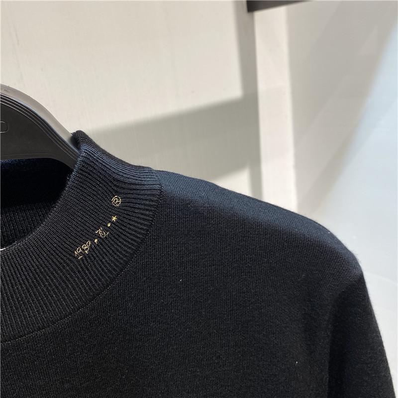 Men s Black Wool Sweater with Half-High Neck & Embroidery XXL