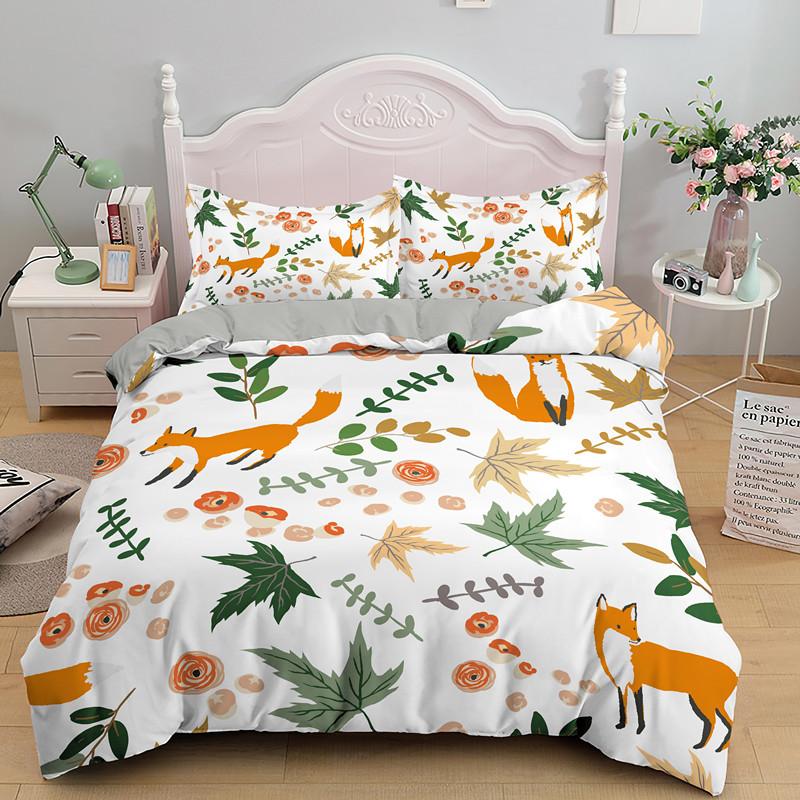Comforter Cartoon Fox King Queen Lovely Orange Animal Floral Bedding Set Kids Girls Flowers Plant 2/3Pcs