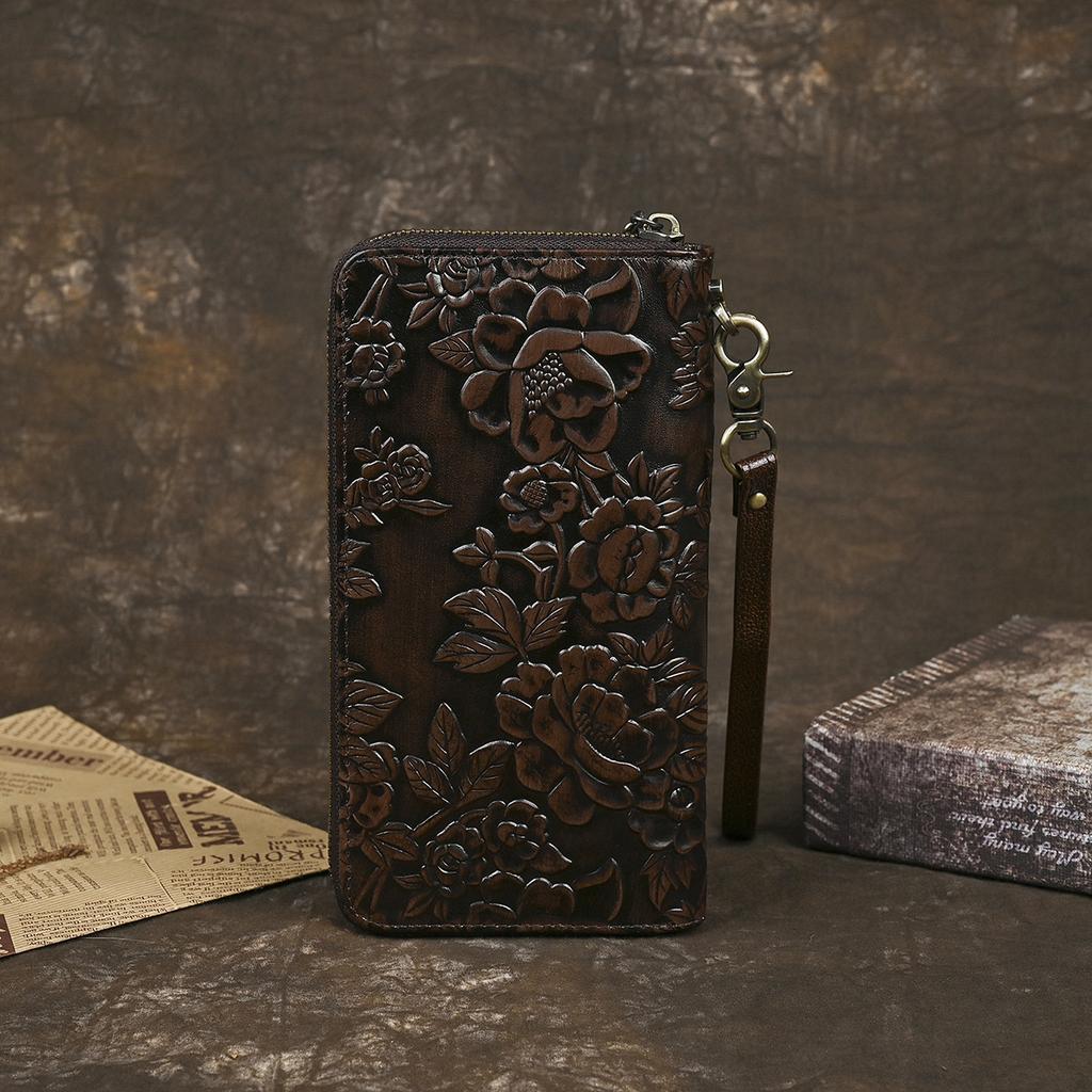 Vintage New Flower and Plant Embossed Long Leather Wallet Handbag Women's Head Layer Leather Leather