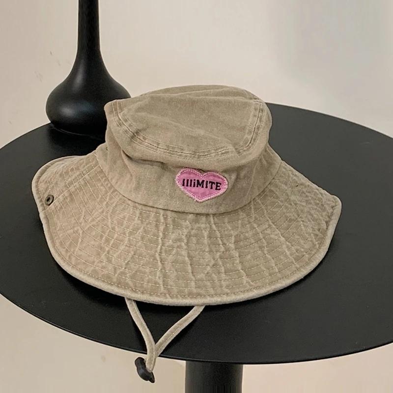 Japanese Retro Washed Cowboy Hats for Women Spring and Summer Outdoor Camping Sun Protection Sweet Pink Love Bucket Caps