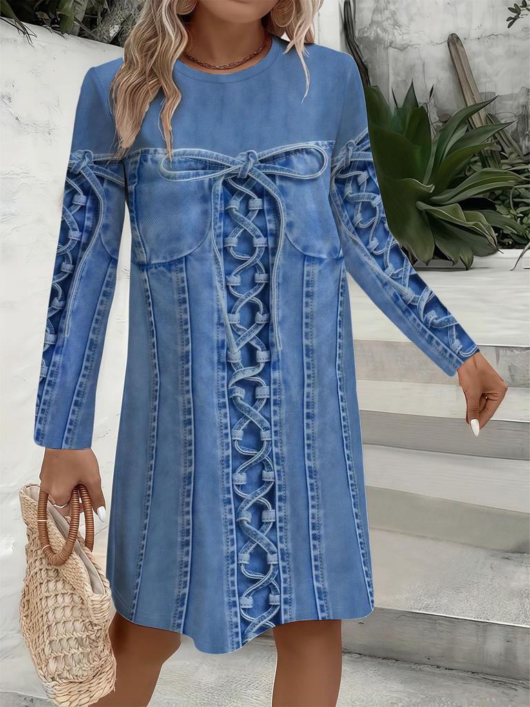 Přeshraniční ležérní modré šaty s dlouhým rukávem a potiskem imitujícím denim