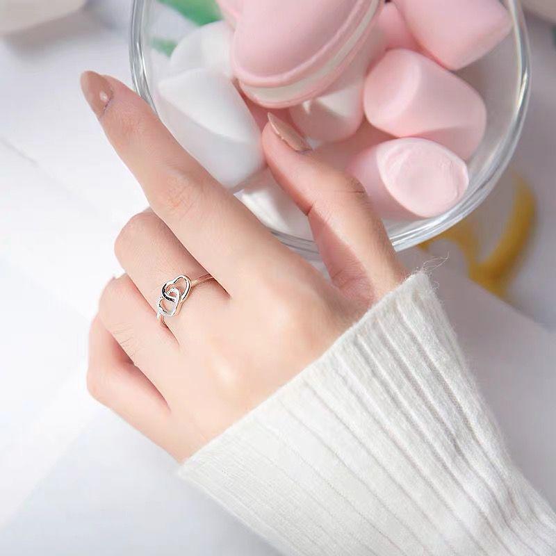 925 Sterling Silver Women's Ring - Frosted Heart Interlocking Design, Simple Glossy Love, Open Adjustable Fit, Elegant and Sweet Style
