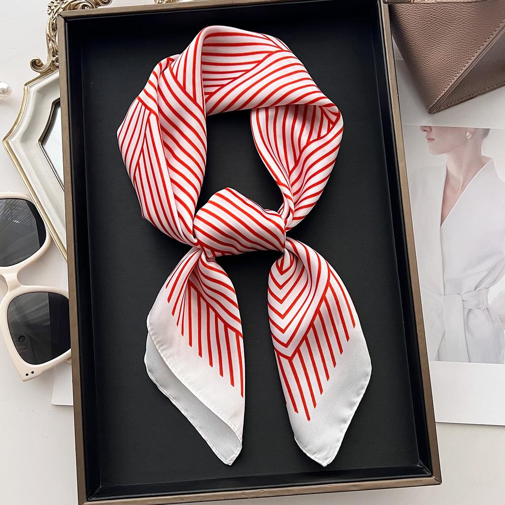 Minimal Striped Small Square Scarf Women'S Spring And Summer Simulation Silk Scarf Foreign Style Neck Protection Scarf Headband Headscarf