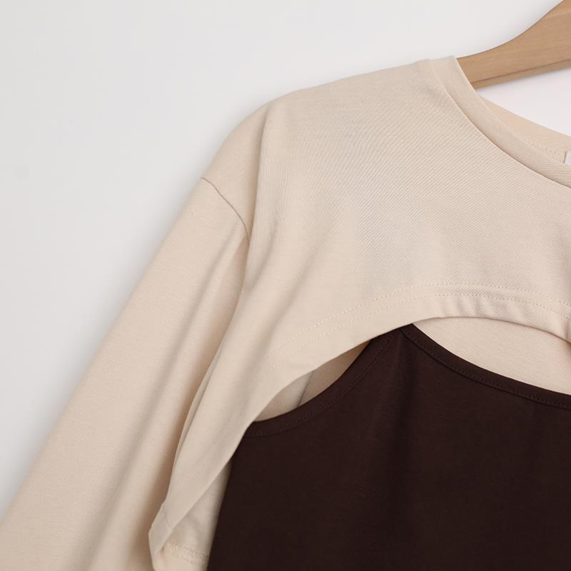 Fake Two-piece Suspender Long Sleeved T-shirt Top Women's Pure Desire Short Top Hottie Streetwear New Fashion Spring and Summer