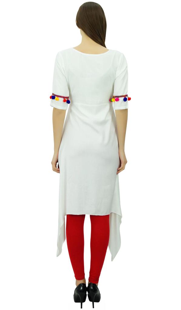 Phagun Angrakha Style Rayon Womens Tunic Kurta Pom-Pom Designer Kurti Top Indian