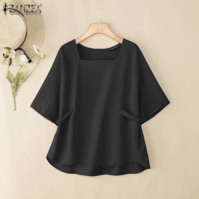 ZANZEA Women Casual Square Collar Summer Short Sleeve Blouse