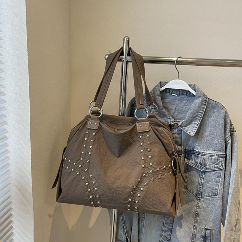Fashionable Nylon Rivet Underarm Tote Bag Women's Large Capacity Shoulder Commuter Bag Autumn Trend Pure Color Bags Handbag KTB