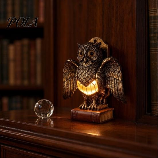 Decorative Small Lamp Table Night Light with Golden Owl, Farmhouse Bedside Style Lighting for Living Room Bedroom Office, Retro Rustic Nightstand
