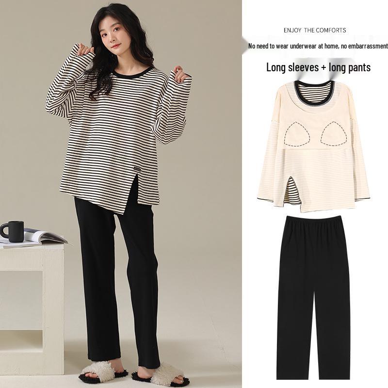 Women's Long-Sleeve Cotton Pajama Set with Chest Pads - Cozy Autumn/Winter Wear, Sweet & Stylish for Home or Outside