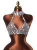 Y2K Sexy Metal Chain Halter Bra for Nightclub Party Halter Body Chain Jewelry Female Silver Rhinestone Top