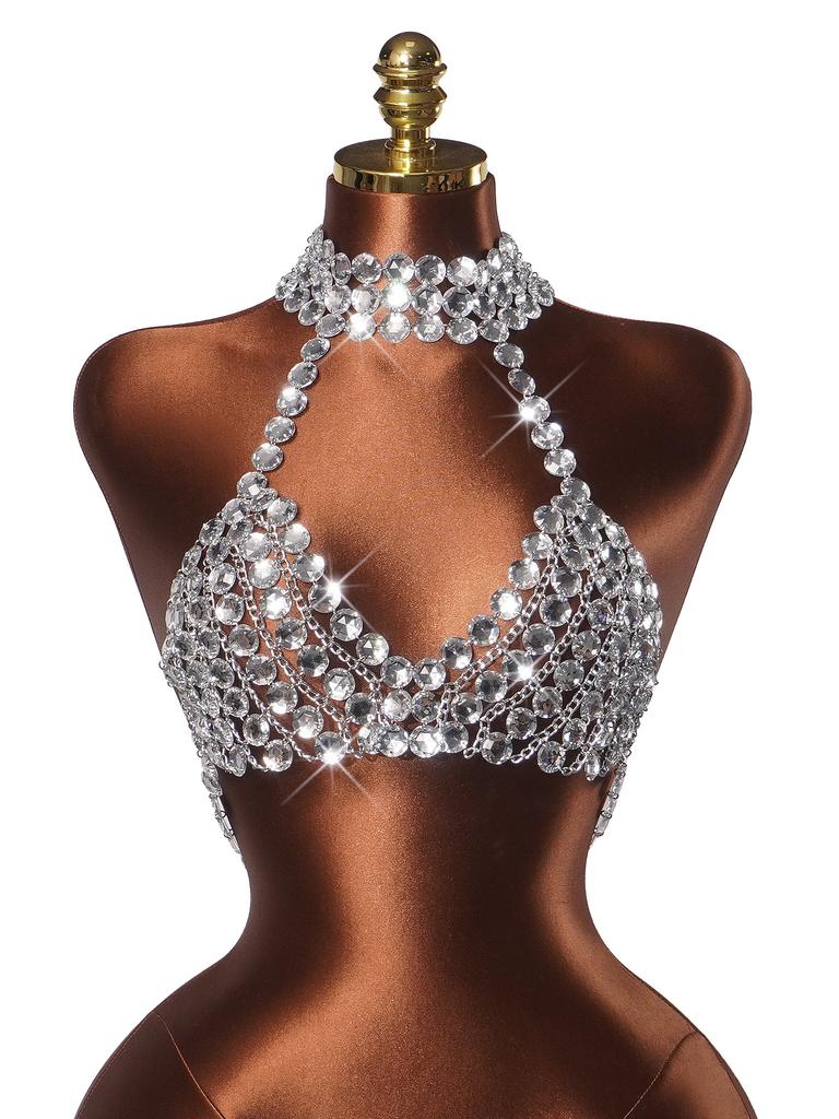 Y2K Sexy Metal Chain Halter Bra for Nightclub Party Halter Body Chain Jewelry Female Silver Rhinestone Top