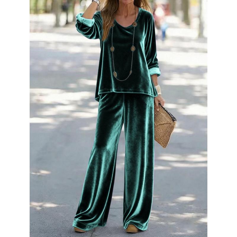 

New Women s Casual V-neck Pullover Long Sleeves and Trousers Velvet Multi-color Women s Suit S зелёный