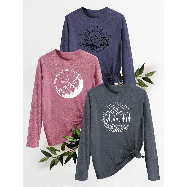 Three-piece Set Mountain and Forest Natural Print Fashion Retro Style Women's Casual Sports Top with Round Neck and Long Sleeves T Shirt