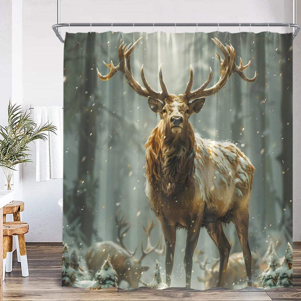 Deer Autumn Scenery Shower Curtain Maple Tree Cabin Stream Mountains Nature Landscape Polyester Bathtub Curtain Bath Decorations