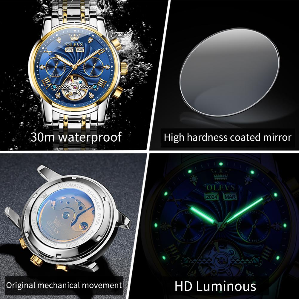 OLEVS Men's Watches Luxury Fashion Fine Steel Original Automatic Mechanical Watch for Man Flywheel Movement Calendar Waterproof