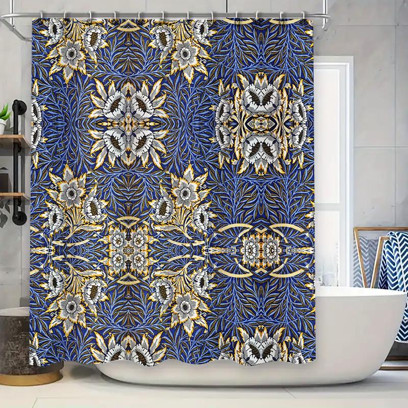 

Kaleidoscopic Blue Floral Shower Curtain With Gold Accents For Bathroom Decorations Waterproof Fabric In Golden Yellow Black Col W60H190(CM)-1 Pcs